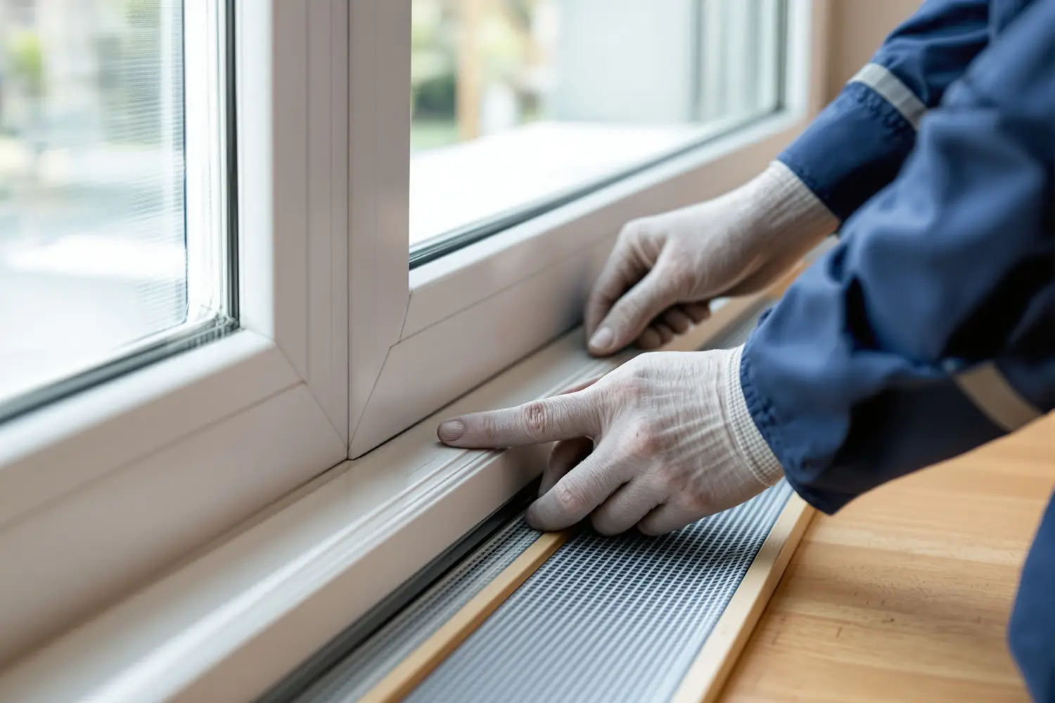 Réparateur partenaire Réparation Porte Patio Québec posant un coupe-froid sur une porte patio