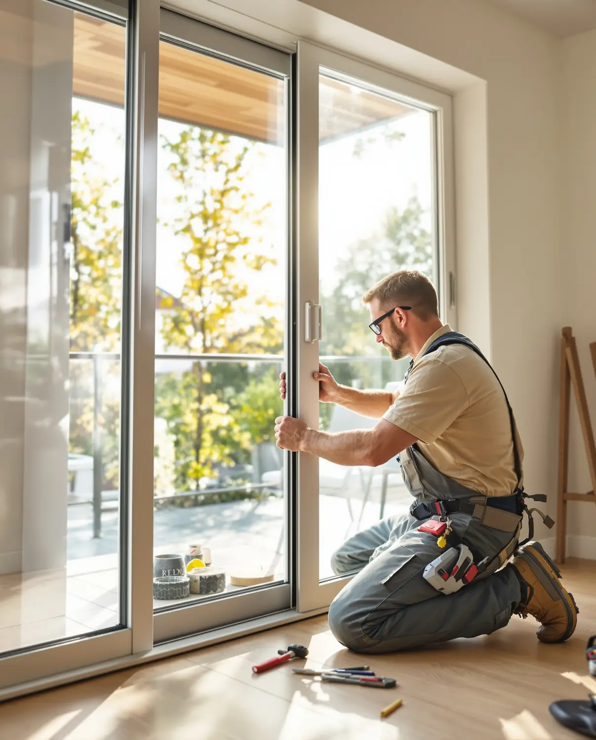 Réparateur partenaire Réparation Porte Patio Québec ajustant une porte patio coulissante