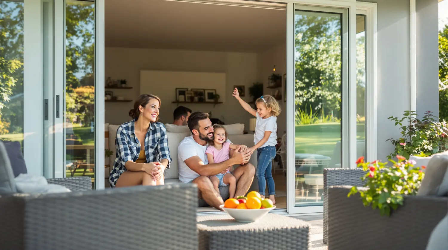 Famille québécoise profitant de leur porte patio parfaitement fonctionnelle