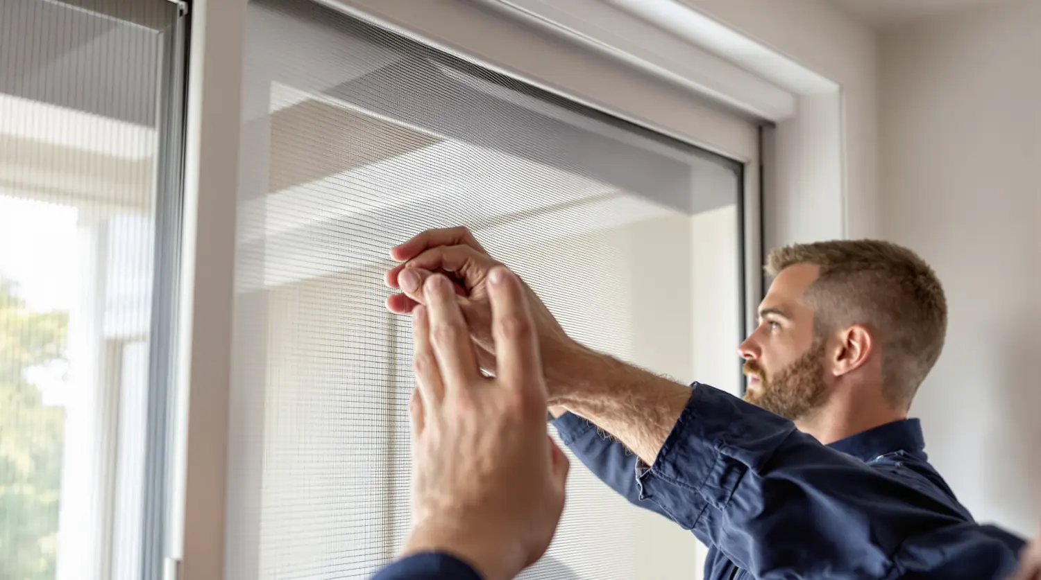 Réparateur partenaire Réparation Porte Patio Québec posant un mesh neuf sur une moustiquaire de porte patio